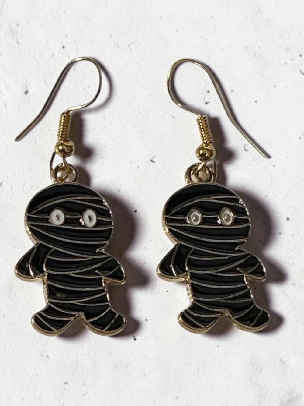 Halloween Mummy Gold & Black Dangle Dangling Halloween Earrings for Pierced Ears